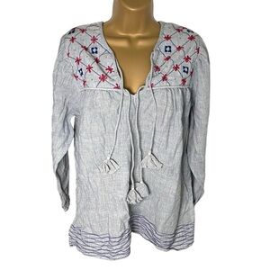 Umber & Ochre Boho Handwoven Gauge Peasant Top Blue White Small